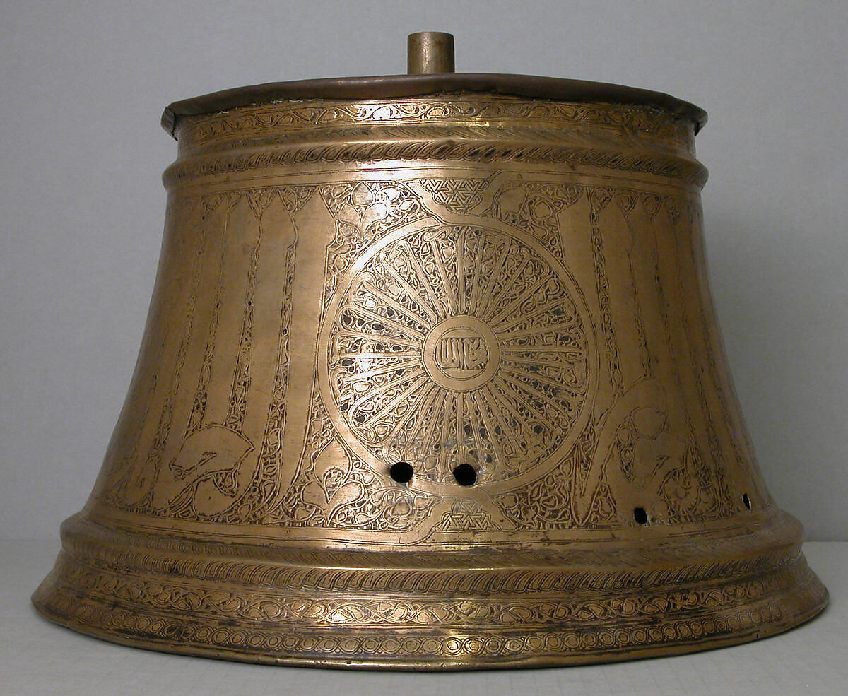 Candlestick Base, Brass; engraved and inlaid with silver