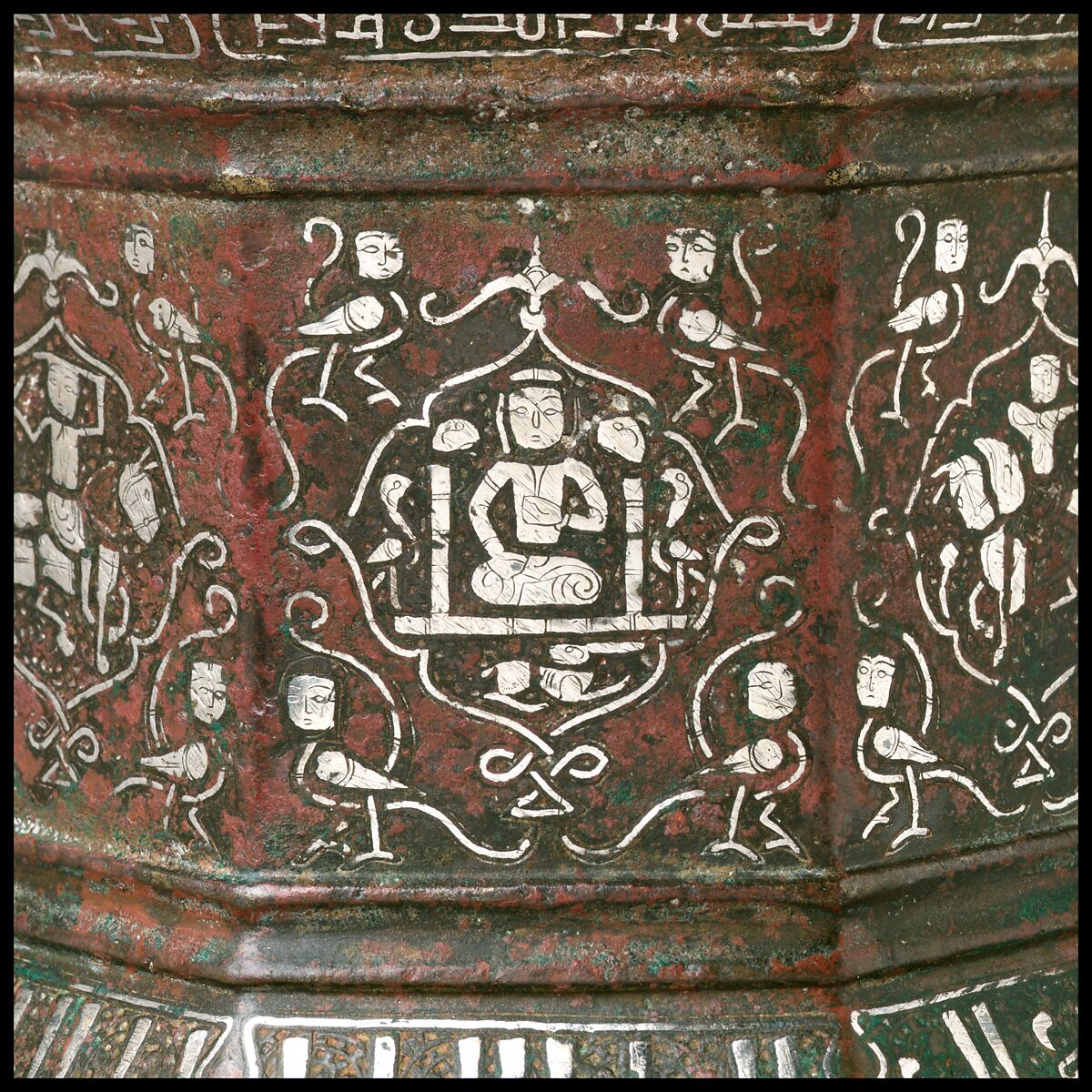 Mortar and Pestle made for Abu Bakr 'Ali Malikzad al-Tabrizi, Bronze; inlaid with silver and black compound