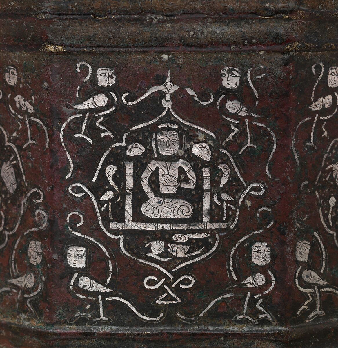 Mortar and Pestle made for Abu Bakr 'Ali Malikzad al-Tabrizi, Bronze; inlaid with silver and black compound