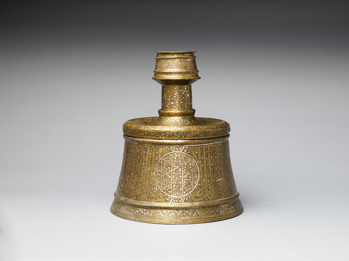Candle Stick, Brass; engraved and inlaid with silver 