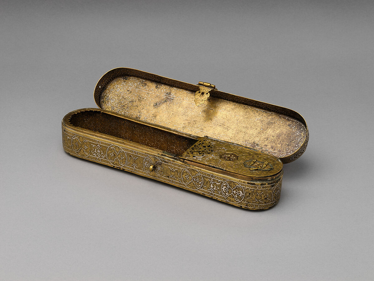 Inscribed Pen Box, Brass; engraved and inlaid with silver, gold, and black compound