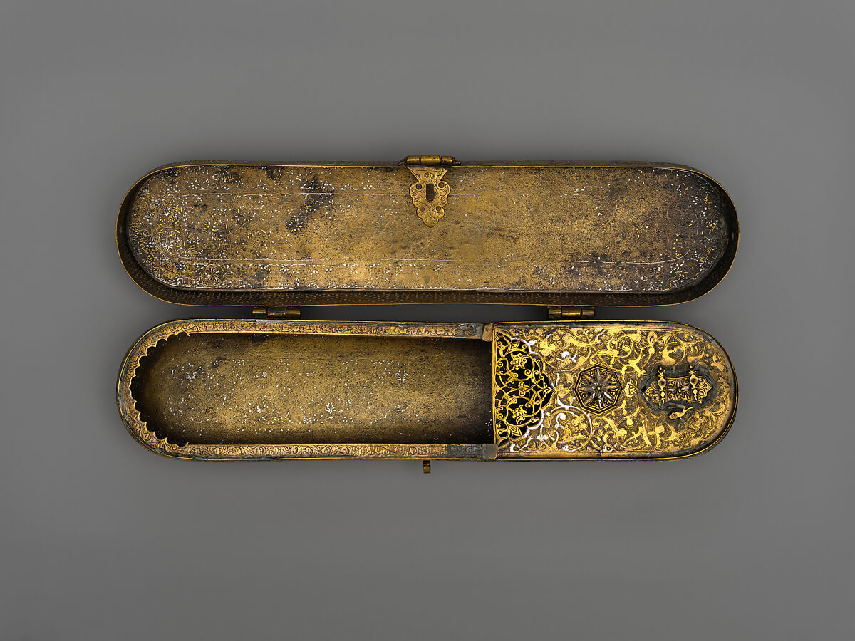 Inscribed Pen Box, Brass; engraved and inlaid with silver, gold, and black compound