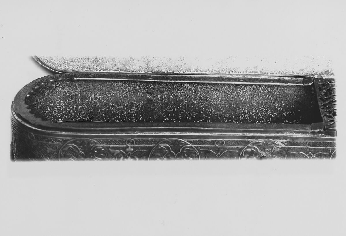Inscribed Pen Box, Brass; engraved and inlaid with silver, gold, and black compound