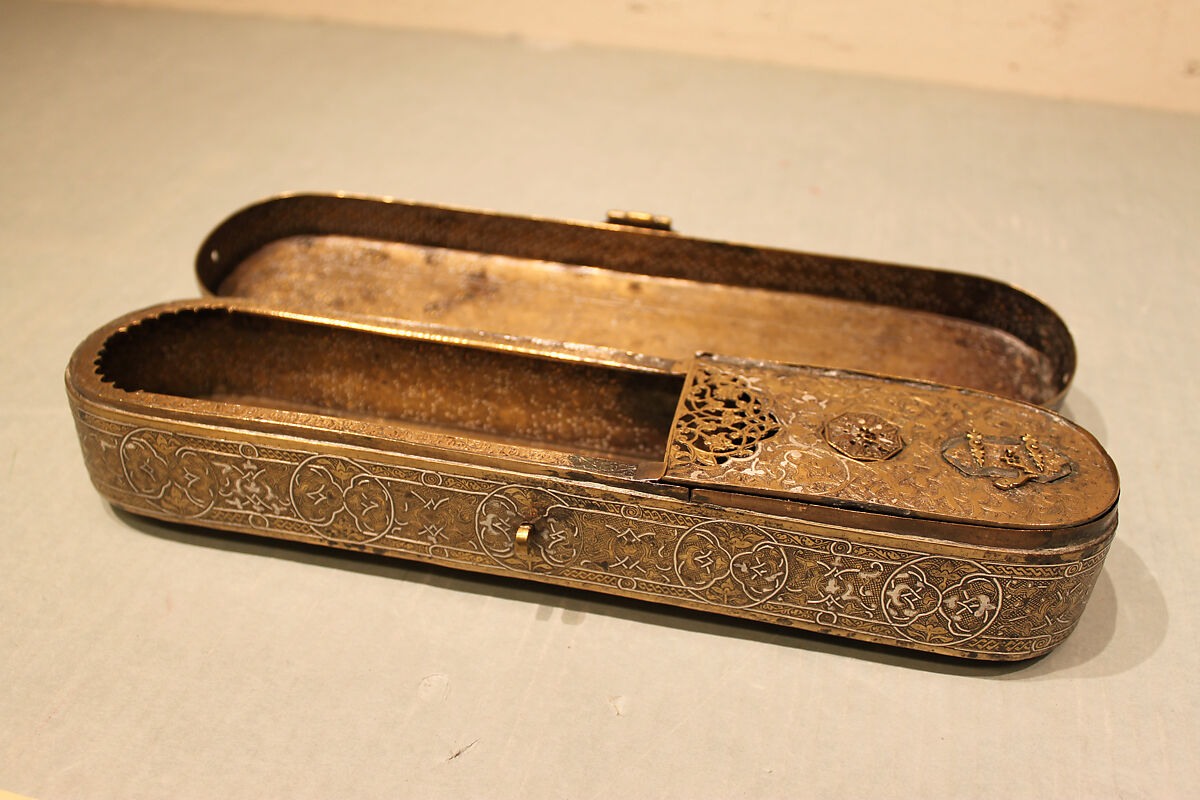 Inscribed Pen Box, Brass; engraved and inlaid with silver, gold, and black compound
