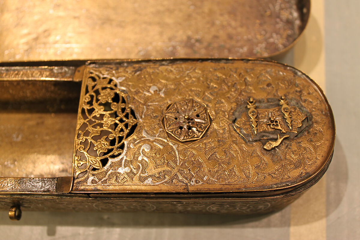 Inscribed Pen Box, Brass; engraved and inlaid with silver, gold, and black compound