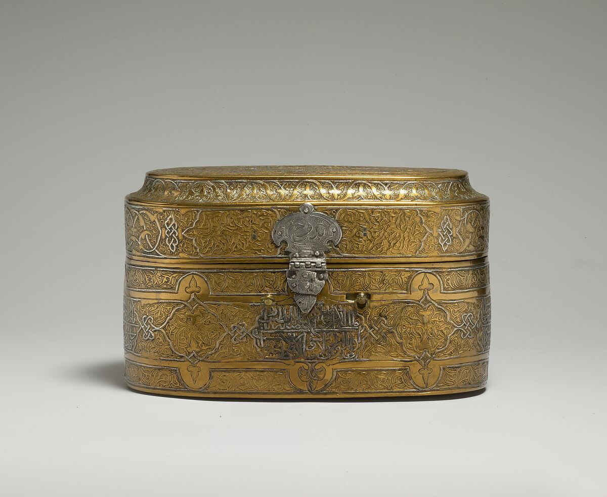 Lidded Box of Muhammad al-Hamawi, Timekeeper at the Umayyad Mosque, Damascus, Brass; engraved and inlaid with silver