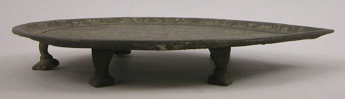Tray, Zinc alloy; cast, engraved, inlaid with silver (bidri ware)