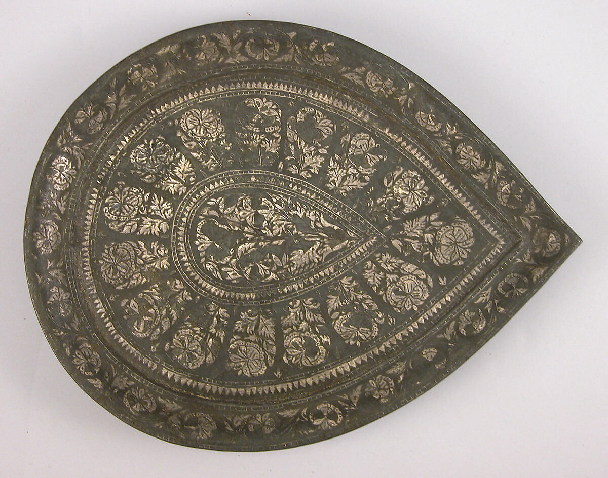 Tray, Zinc alloy; cast, engraved, inlaid with silver (bidri ware)