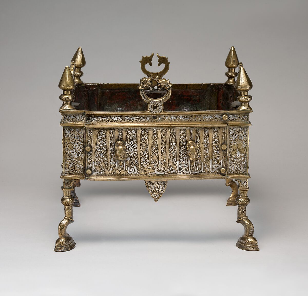 Brazier of Rasulid Sultan al-Malik al-Muzaffar Shams al-Din Yusuf ibn 'Umar, Brass; cast, chased, and inlaid with silver and black compound