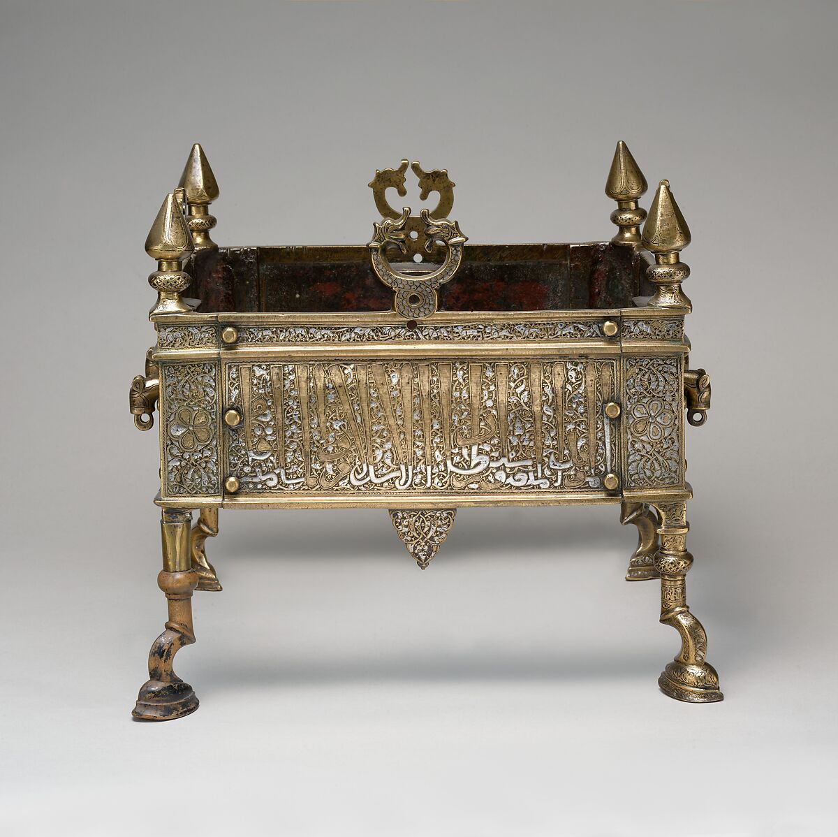 Brazier of Rasulid Sultan al-Malik al-Muzaffar Shams al-Din Yusuf ibn 'Umar, Brass; cast, chased, and inlaid with silver and black compound