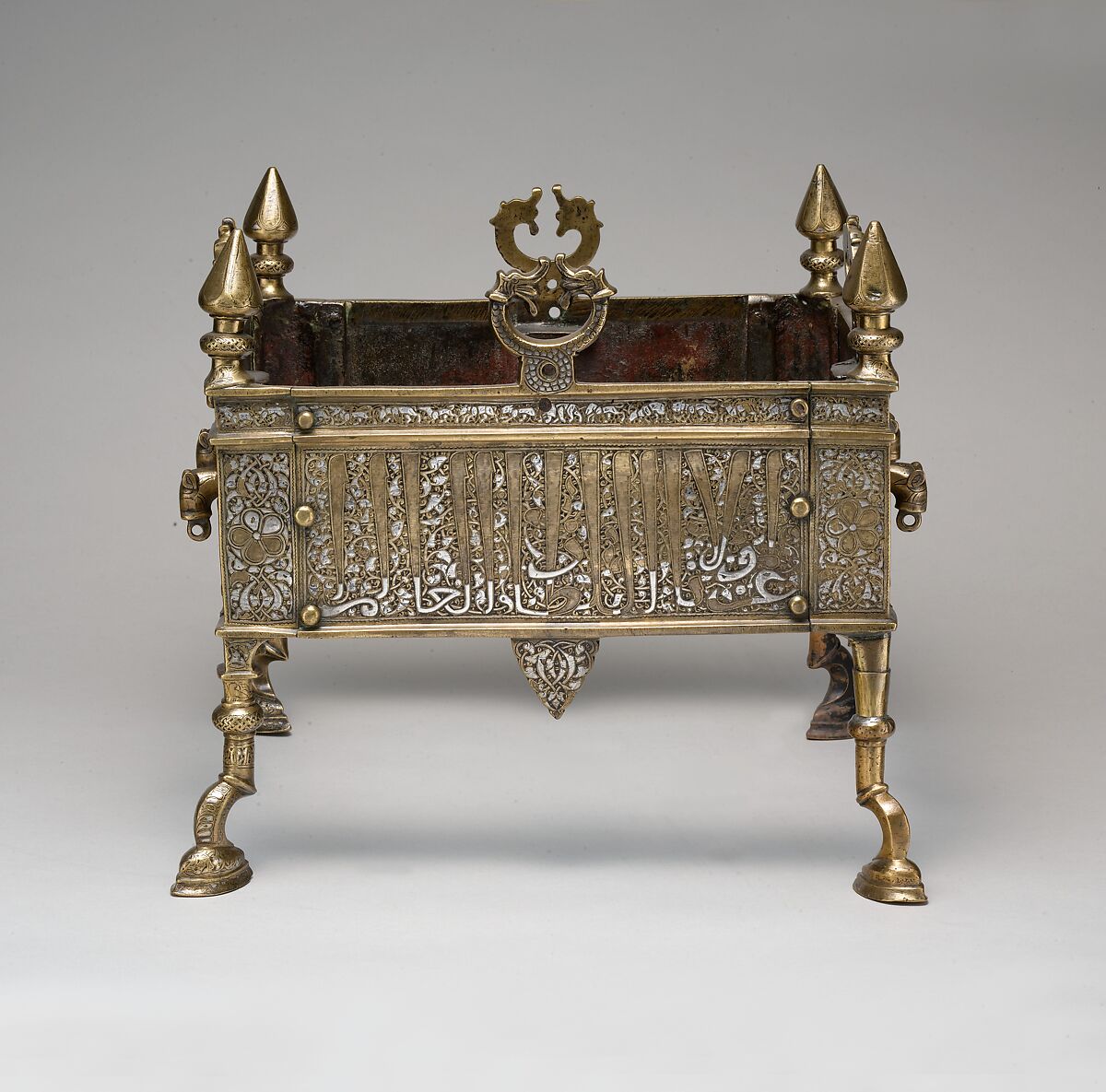 Brazier of Rasulid Sultan al-Malik al-Muzaffar Shams al-Din Yusuf ibn 'Umar, Brass; cast, chased, and inlaid with silver and black compound