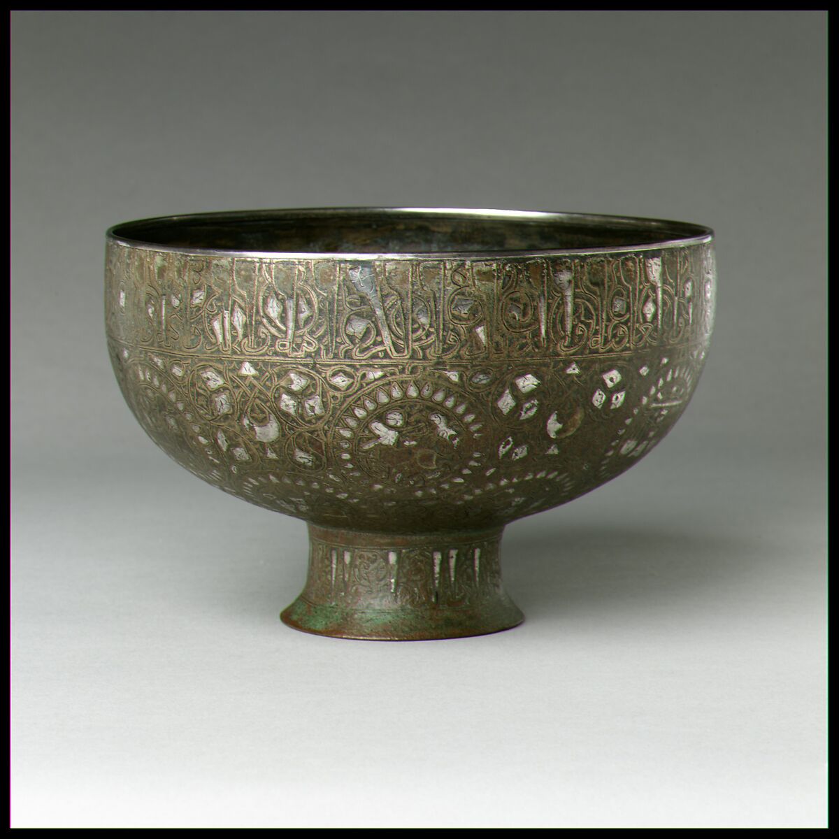 Footed Bowl, Bronze; inlaid with silver and black compound
