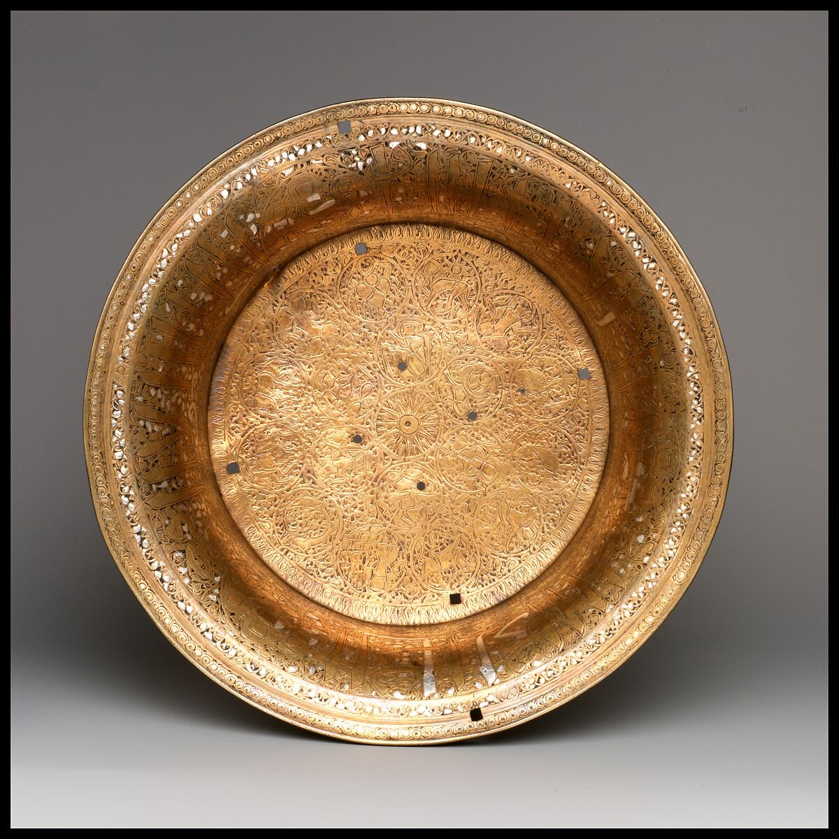 Basin with Zodiac Signs and Royal Titles, Brass; engraved and inlaid with silver and black compound