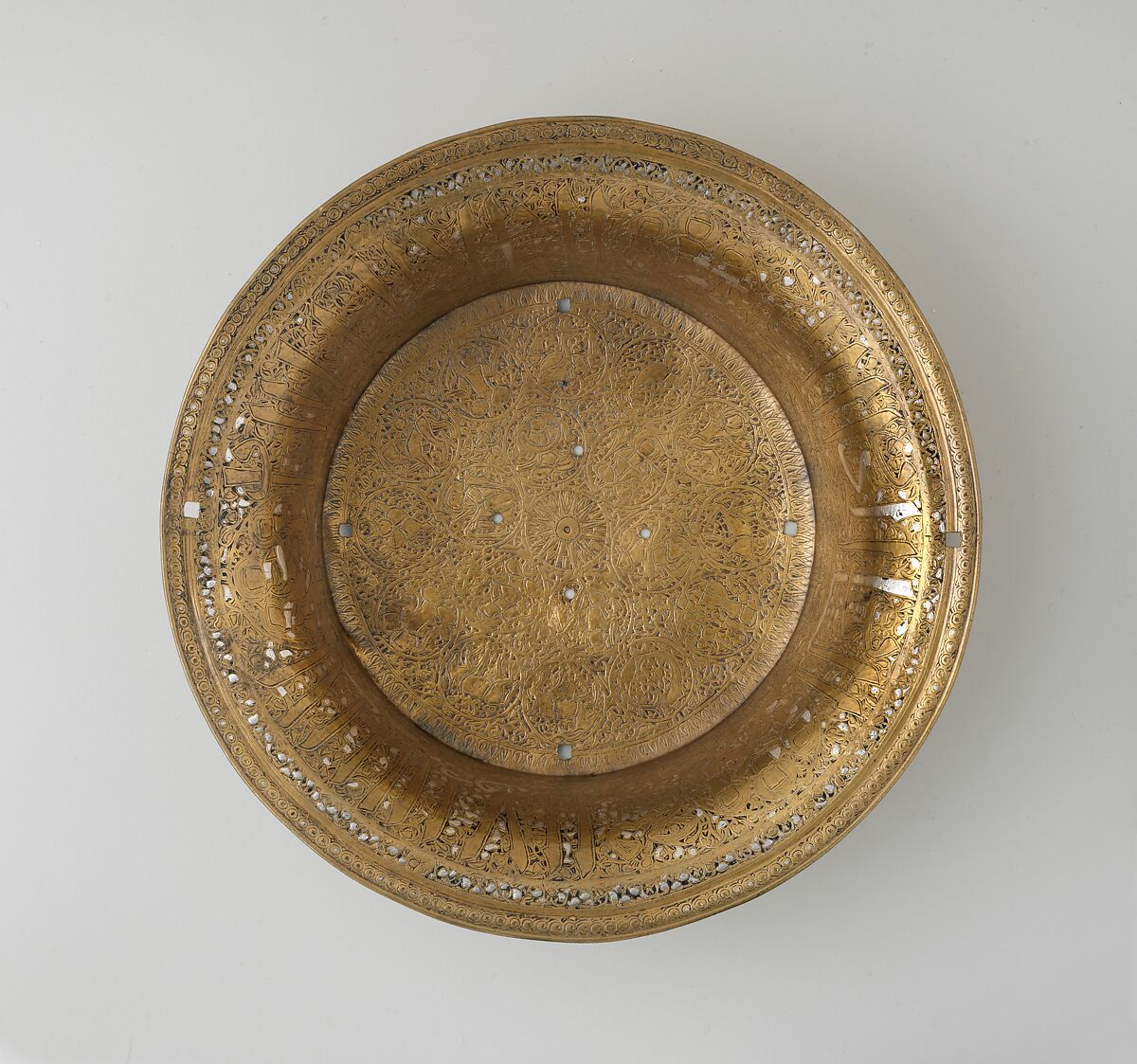 Basin with Zodiac Signs and Royal Titles, Brass; engraved and inlaid with silver and black compound