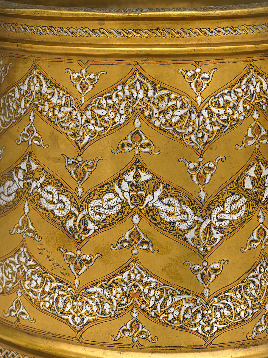 Candlestick Base with Interlacing Dragons, Brass; inlaid with silver and copper