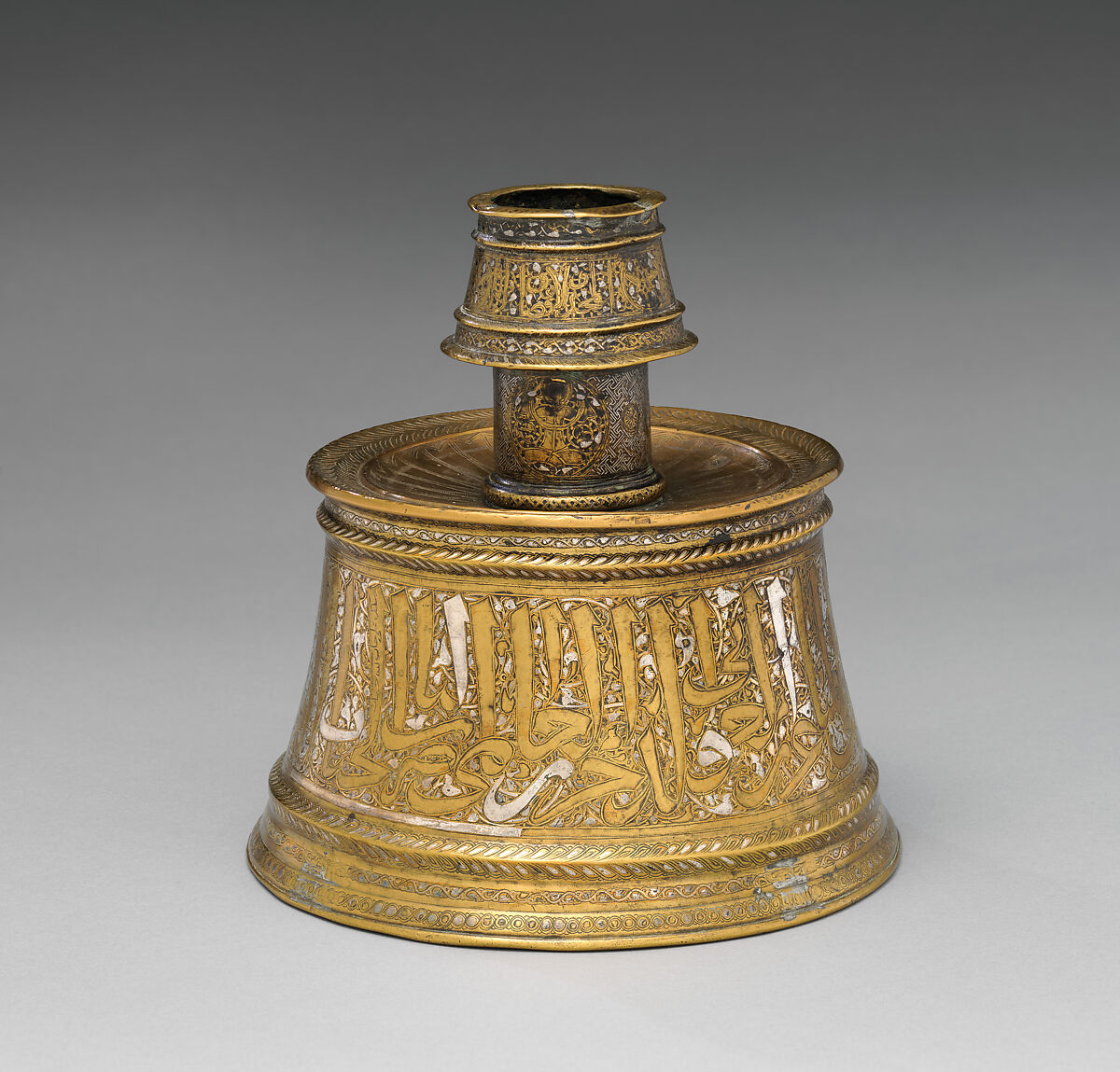 Candlestick, Brass; engraved and inlaid with silver 