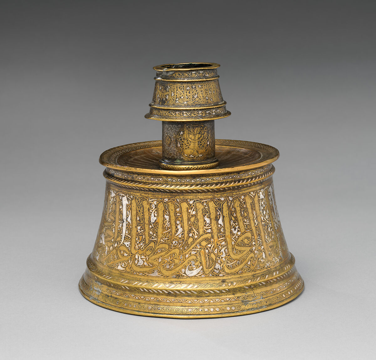 Candlestick, Brass; engraved and inlaid with silver