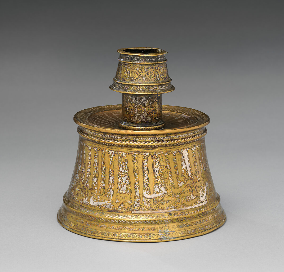 Candlestick, Brass; engraved and inlaid with silver