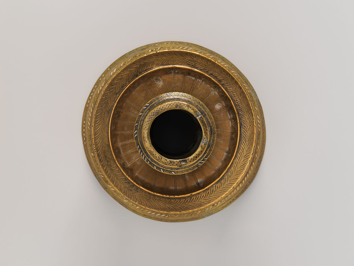 Candlestick, Brass; engraved and inlaid with silver