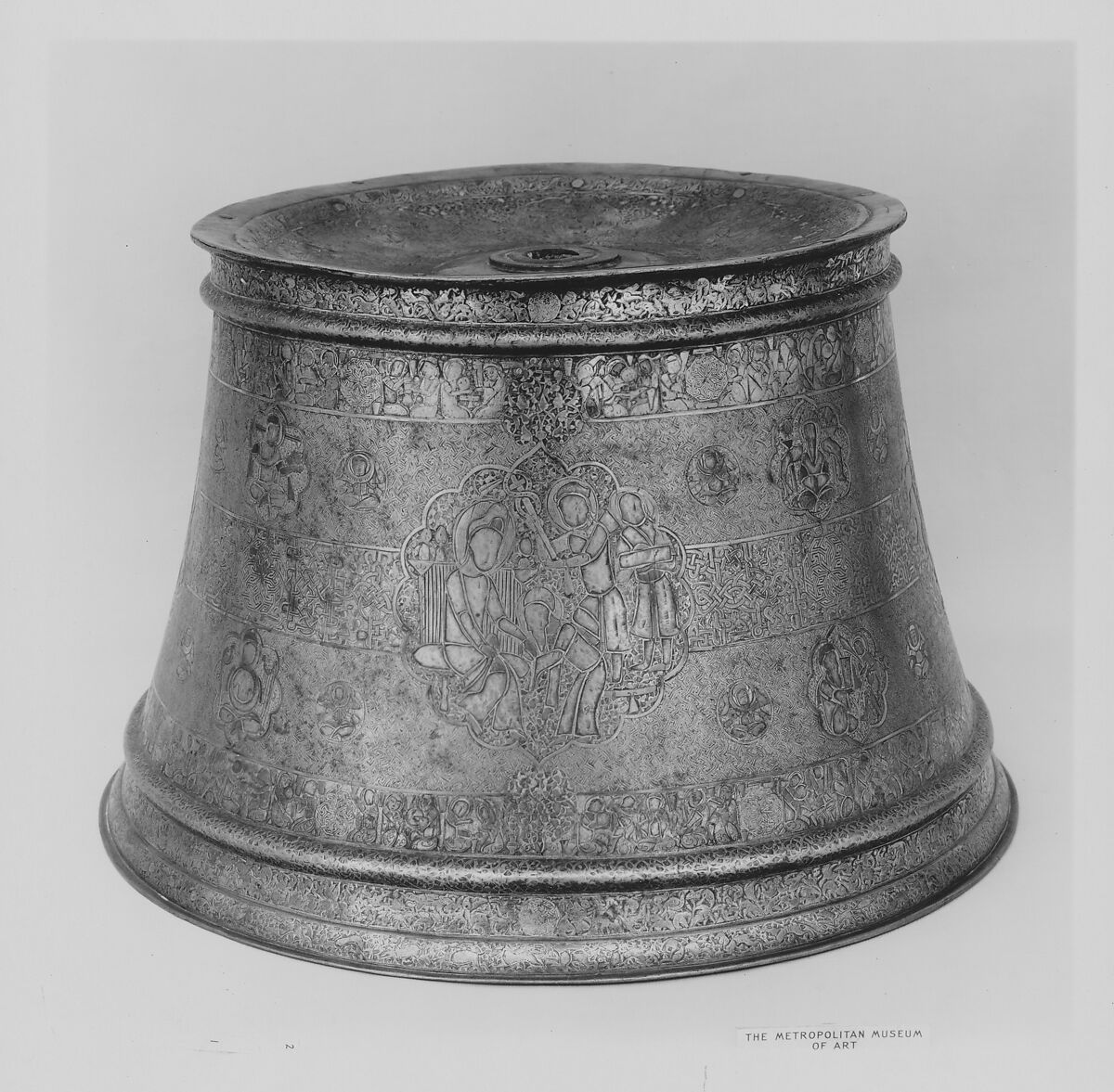 Candlestick with Enthronement Scene, Brass; engraved, incised, inlaid with silver