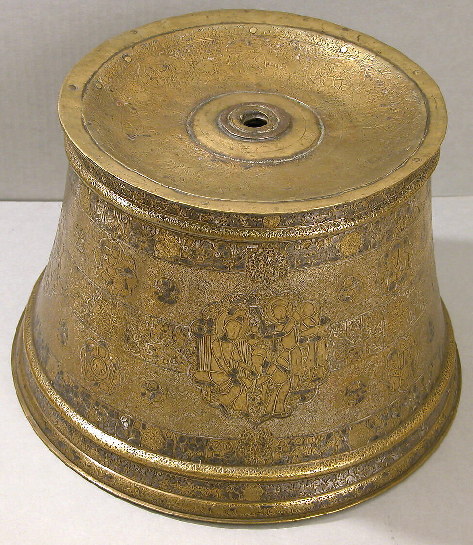 Candlestick with Enthronement Scene, Brass; engraved, incised, inlaid with silver