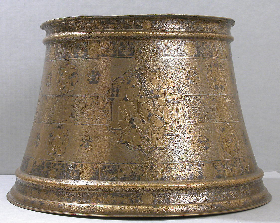 Candlestick with Enthronement Scene, Brass; engraved, incised, inlaid with silver