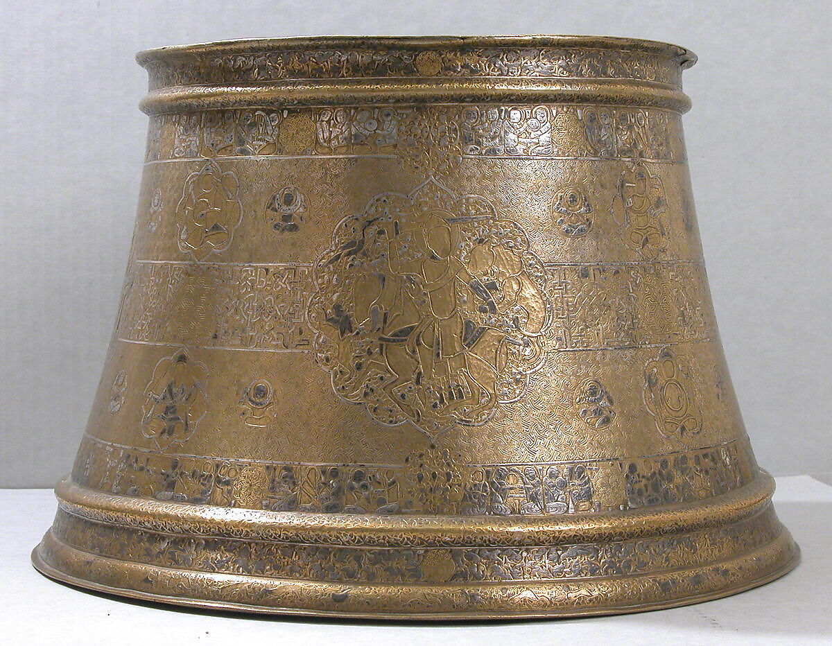 Candlestick with Enthronement Scene, Brass; engraved, incised, inlaid with silver