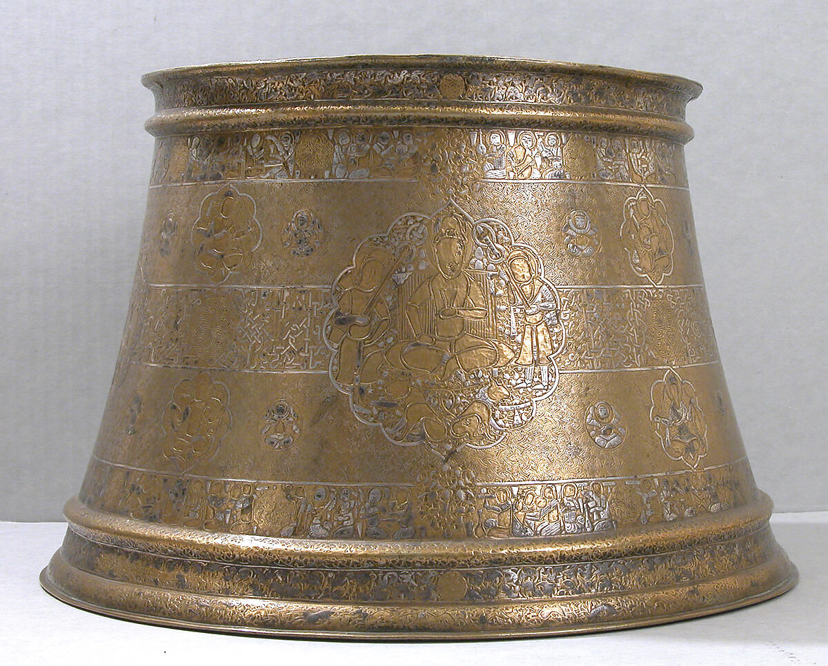 Candlestick with Enthronement Scene, Brass; engraved, incised, inlaid with silver