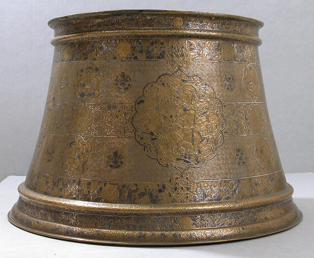 Candlestick with Enthronement Scene, Brass; engraved, incised, inlaid with silver