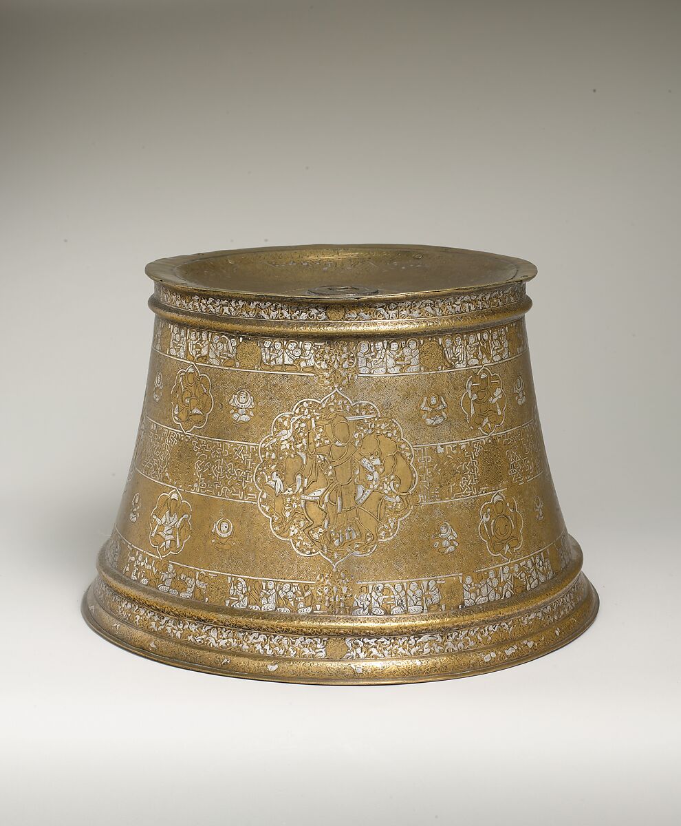 Candlestick with Enthronement Scene, Brass; engraved, incised, inlaid with silver 