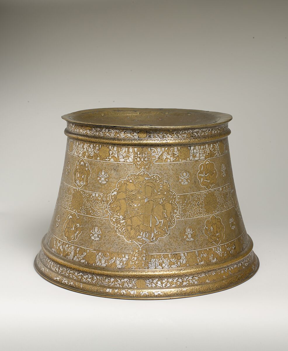 Candlestick with Enthronement Scene, Brass; engraved, incised, inlaid with silver