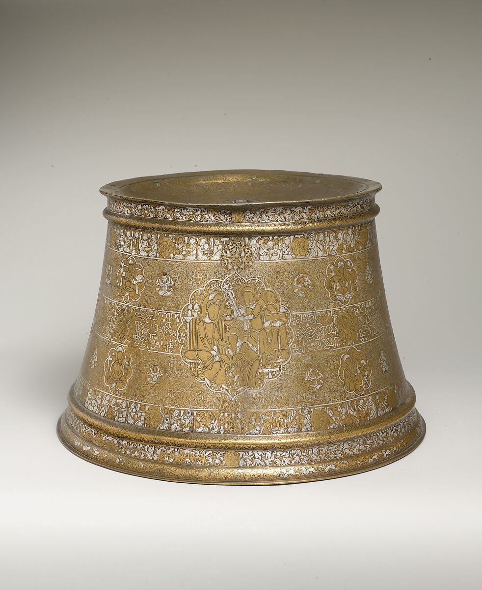 Candlestick with Enthronement Scene, Brass; engraved, incised, inlaid with silver