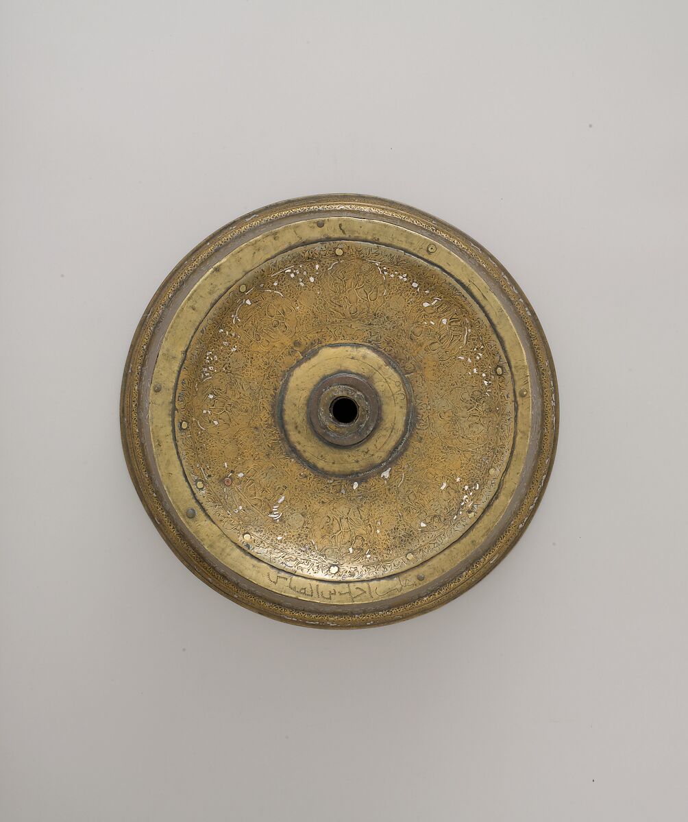 Candlestick with Enthronement Scene, Brass; engraved, incised, inlaid with silver