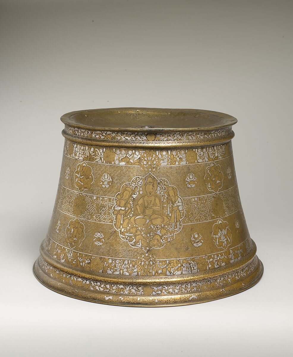 Candlestick with Enthronement Scene, Brass; engraved, incised, inlaid with silver