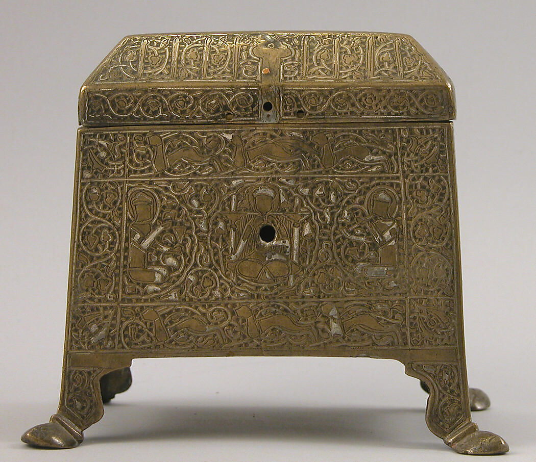 Casket with Figural Imagery, Brass; worked metal sheet inlaid with silver