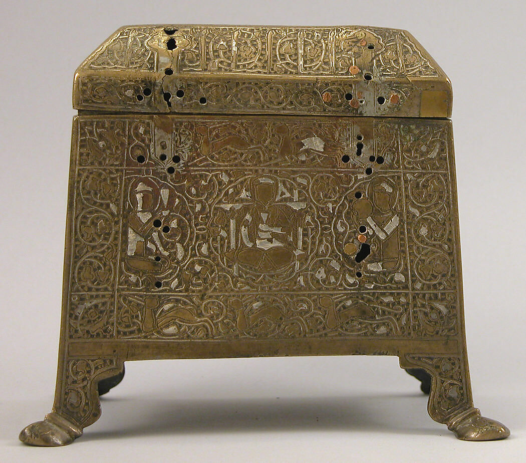 Casket with Figural Imagery, Brass; worked metal sheet inlaid with silver