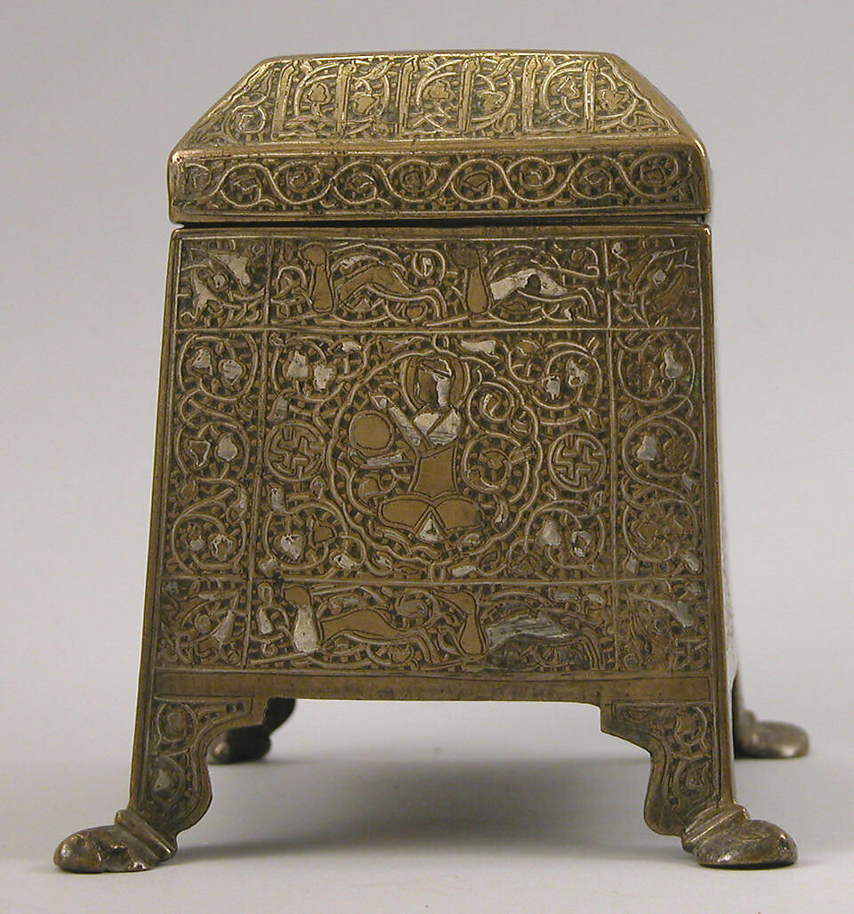 Casket with Figural Imagery, Brass; worked metal sheet inlaid with silver