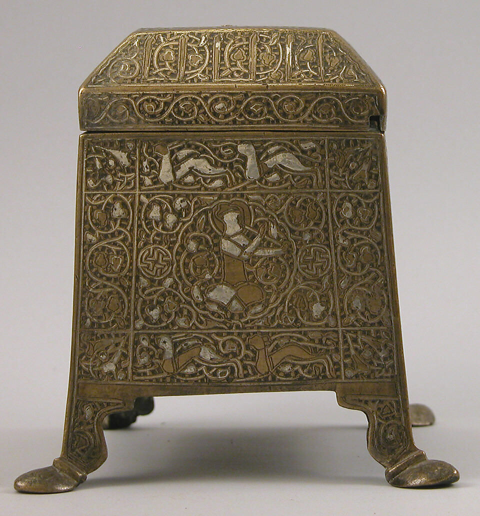 Casket with Figural Imagery, Brass; worked metal sheet inlaid with silver