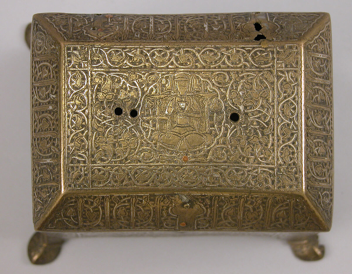 Casket with Figural Imagery, Brass; worked metal sheet inlaid with silver