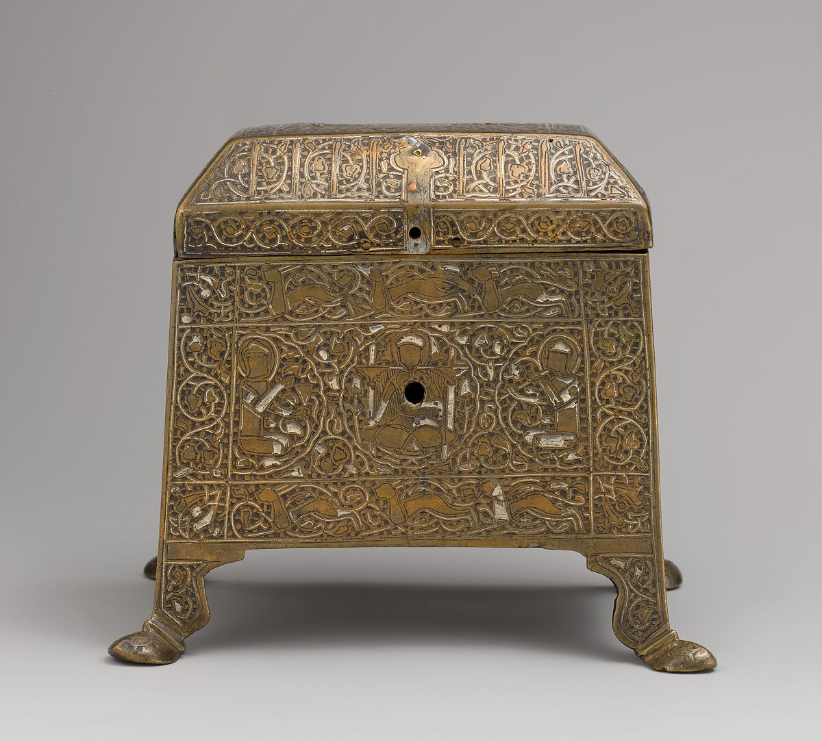 Casket with Figural Imagery, Brass; worked metal sheet inlaid with silver