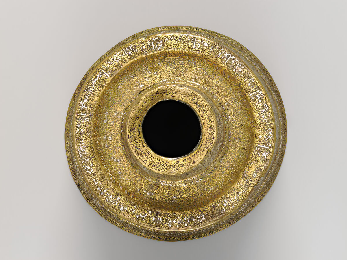 Candlestick, Brass; inlaid with silver