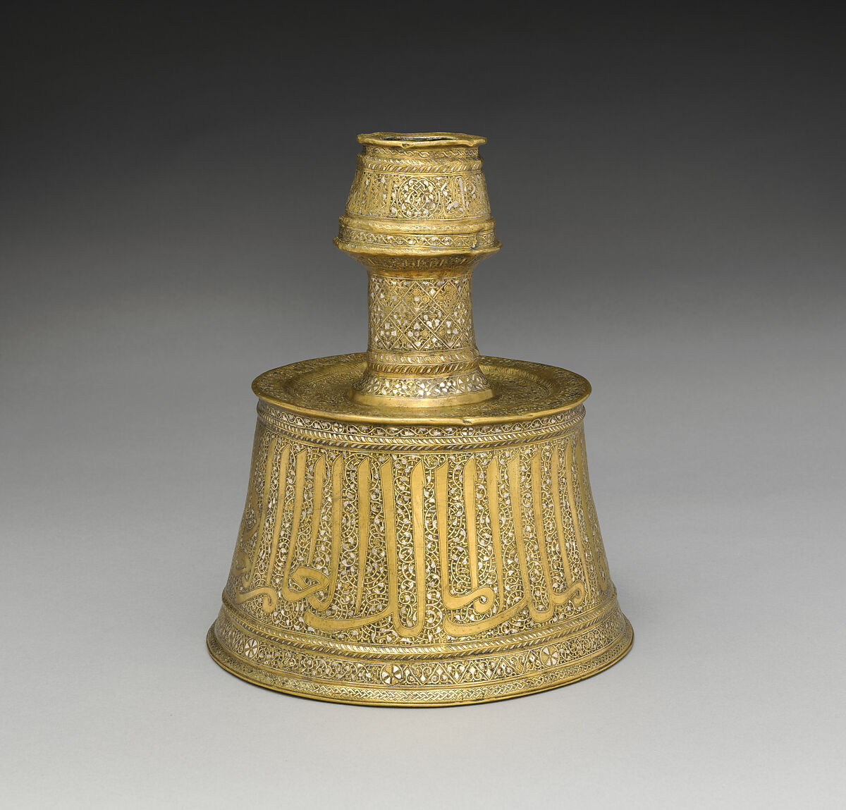 Candlestick, Brass; inlaid with silver