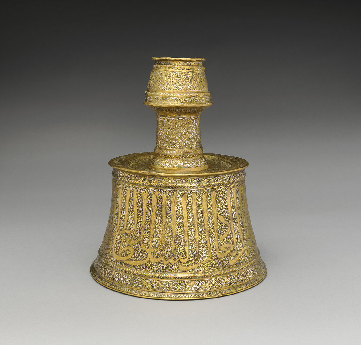 Candlestick, Brass; inlaid with silver