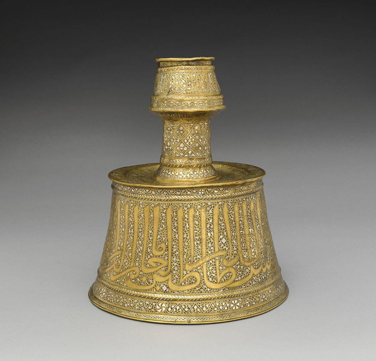 Candlestick, Brass; inlaid with silver