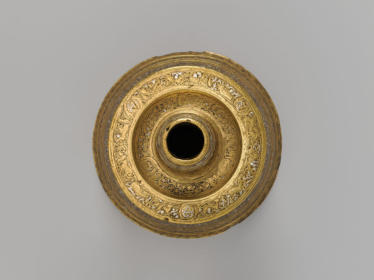 Candlestick, Brass; inlaid with silver