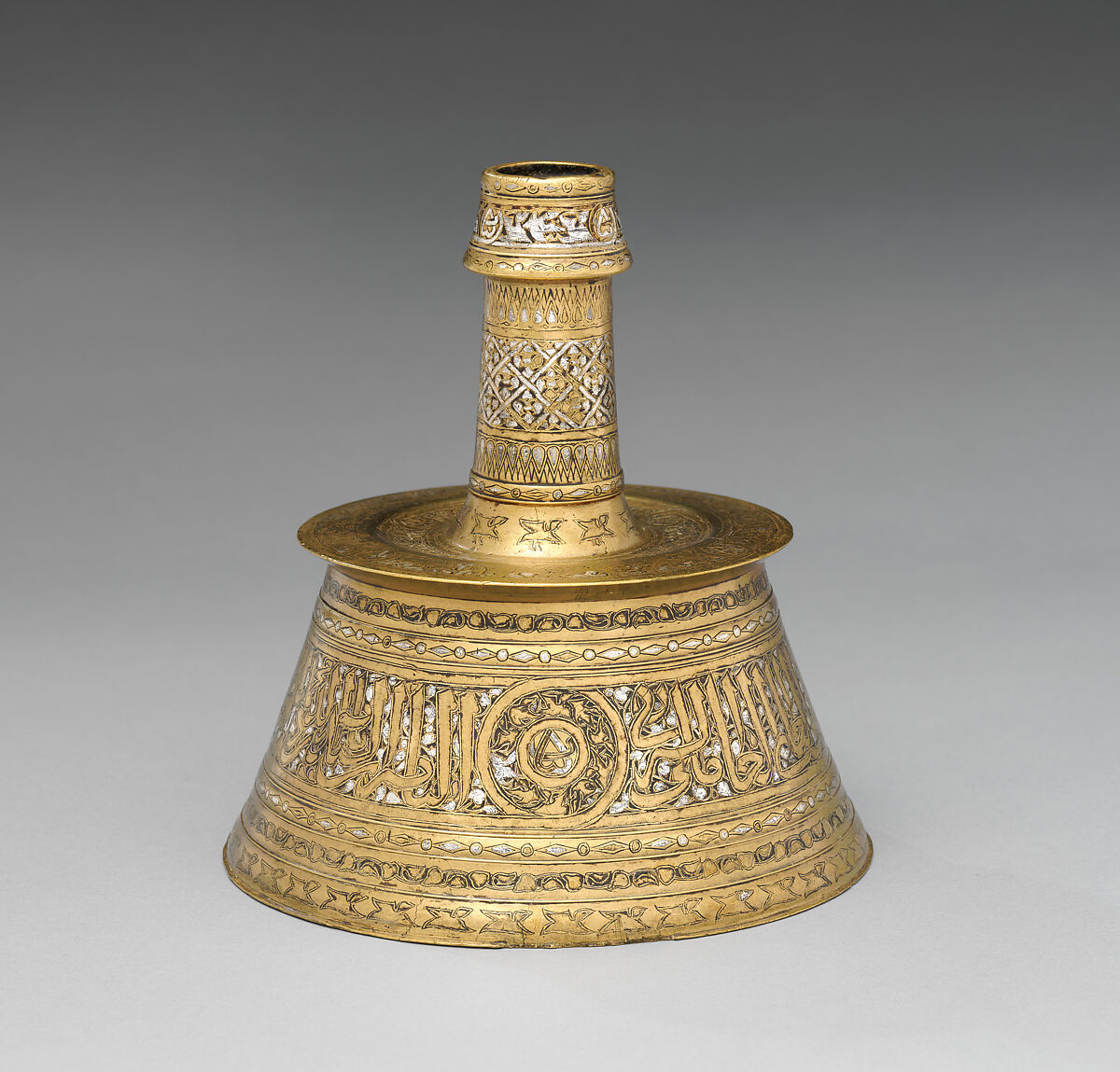 Candlestick, Brass; inlaid with silver 