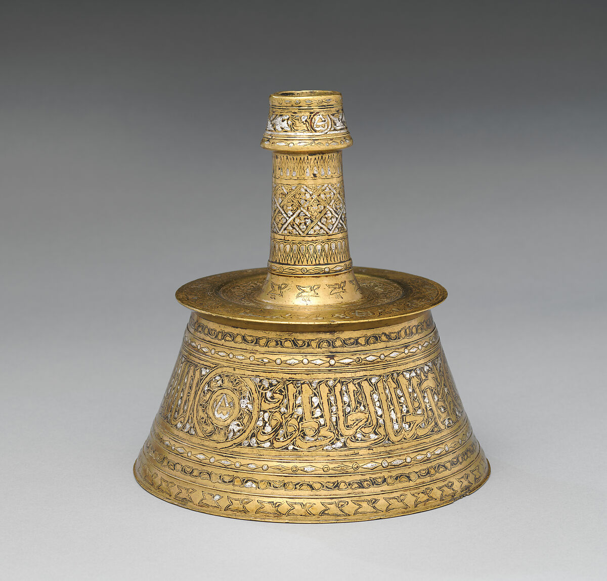 Candlestick, Brass; inlaid with silver