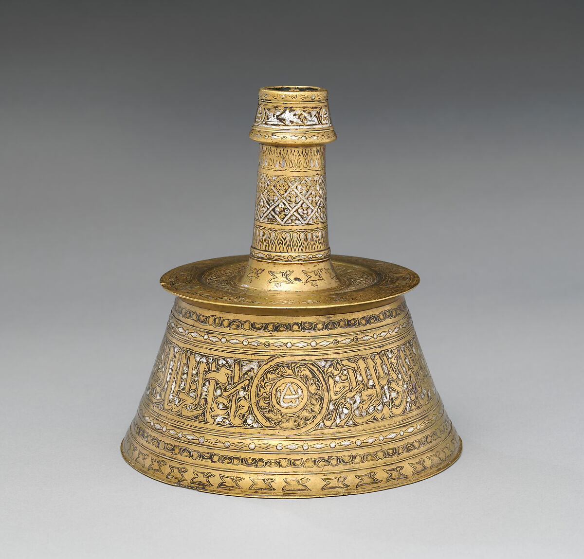 Candlestick, Brass; inlaid with silver