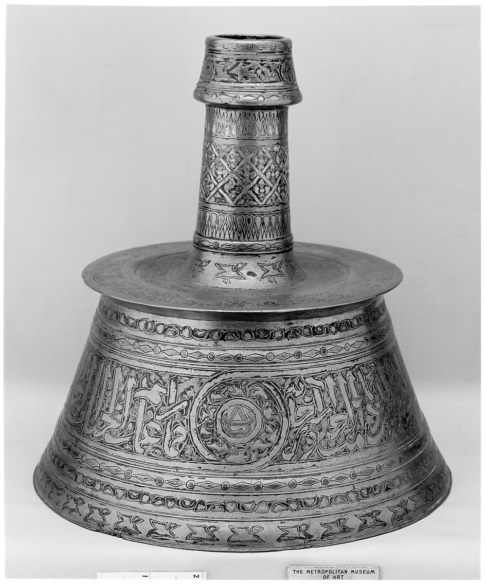 Candlestick, Brass; inlaid with silver