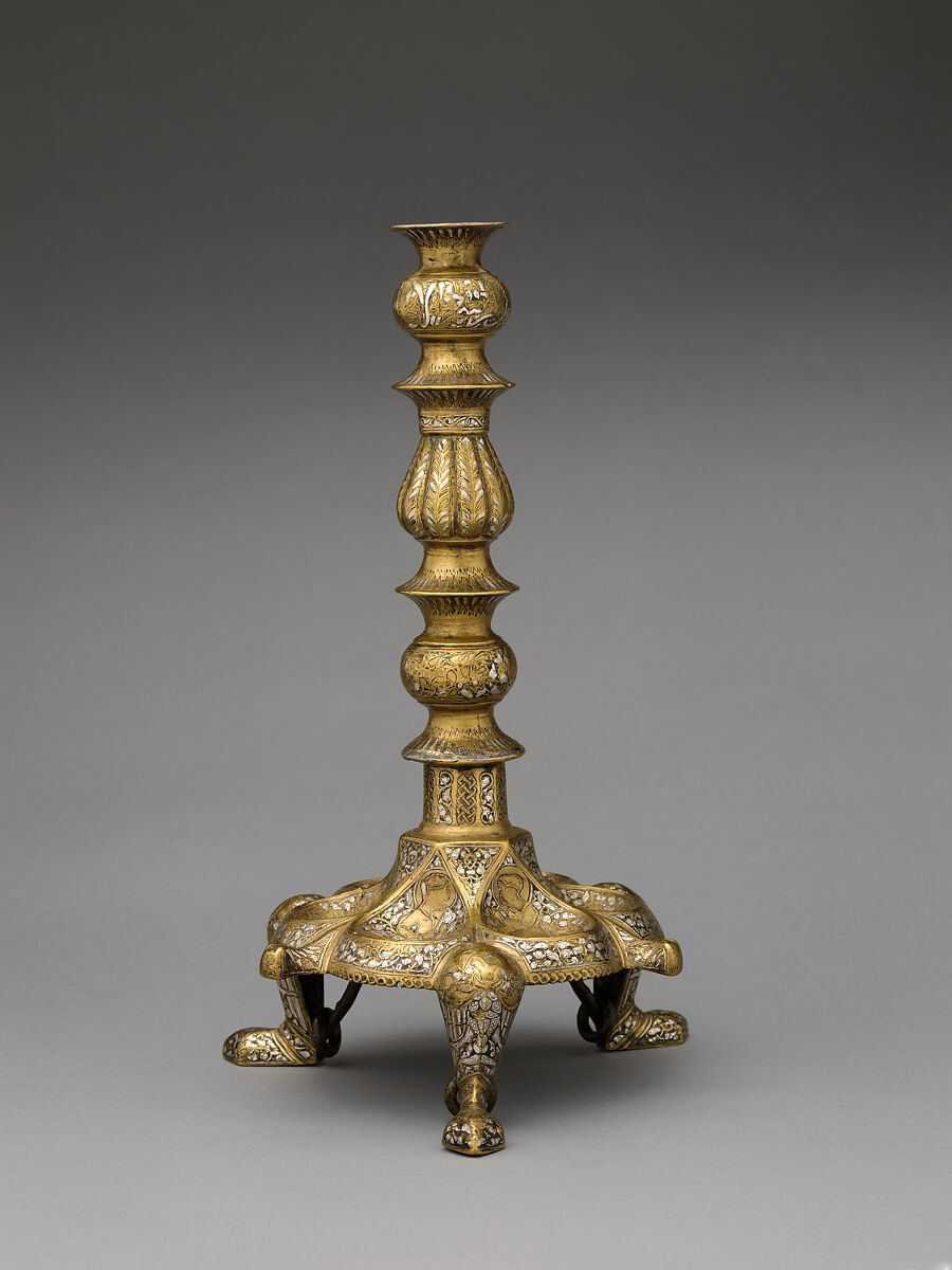 Tripod Candlestick, Brass; inlaid with silver, gold, and black compound